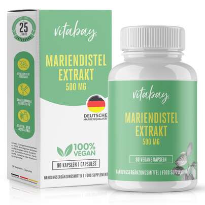 Sie sehen eine Packung Vitabay Mariendistel Extrakt 500 mg Kapseln, Produktbild: 01 Vitabay Mariendistel Extrakt 500 mg Kapseln, A-Nr.: 5878730 - 01