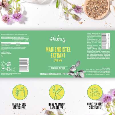 Sie sehen eine Packung Vitabay Mariendistel Extrakt 500 mg Kapseln, Produktbild: 06 Vitabay Mariendistel Extrakt 500 mg Kapseln, A-Nr.: 5878730 - 06