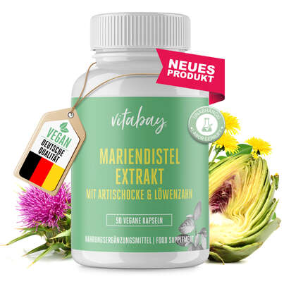 Sie sehen eine Packung Vitabay Mariendistel Extrakt mit Artischocke & Löwenzahn Kapseln, Produktbild: 02 Vitabay Mariendistel Extrakt mit Artischocke & Löwenzahn Kapseln, A-Nr.: 5878724 - 02