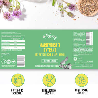 Sie sehen eine Packung Vitabay Mariendistel Extrakt mit Artischocke & Löwenzahn Kapseln, Produktbild: 07 Vitabay Mariendistel Extrakt mit Artischocke & Löwenzahn Kapseln, A-Nr.: 5878724 - 07