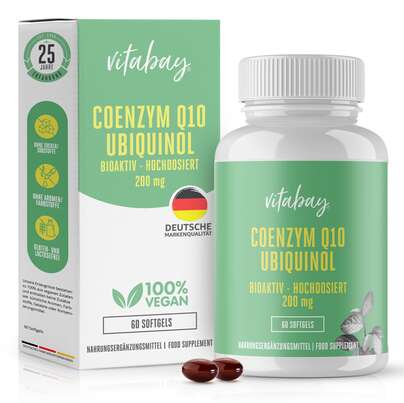 Sie sehen eine Packung Vitabay Coenzym Q10 Ubiquinol Weichkapseln, Produktbild: 01 Vitabay Coenzym Q10 Ubiquinol Weichkapseln, A-Nr.: 5878687 - 01