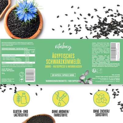 Sie sehen eine Packung Vitabay Ägyptisches Schwarzkümmelöl 500 mg Weichkapseln, Produktbild: 05 Vitabay Ägyptisches Schwarzkümmelöl 500 mg Weichkapseln, A-Nr.: 5878718 - 05