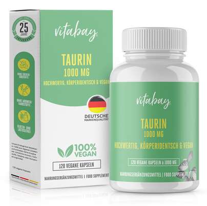 Sie sehen eine Packung Vitabay Taurin 1000 mg Kapseln, Produktbild: 01 Vitabay Taurin 1000 mg Kapseln, A-Nr.: 5878693 - 01