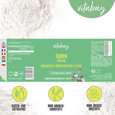 Sie sehen eine Packung Vitabay Taurin 1000 mg Kapseln, Produktbild: 06 Vitabay Taurin 1000 mg Kapseln, A-Nr.: 5878693 - 06