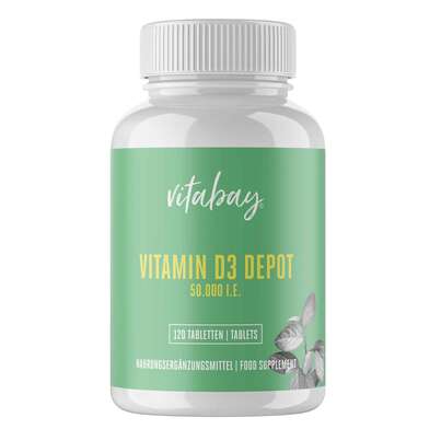Sie sehen eine Packung Vitabay Vitamin D3 Depot 50.000 I.E. Tabletten, Produktbild: 01 Vitabay Vitamin D3 Depot 50.000 I.E. Tabletten, A-Nr.: 5878546 - 01