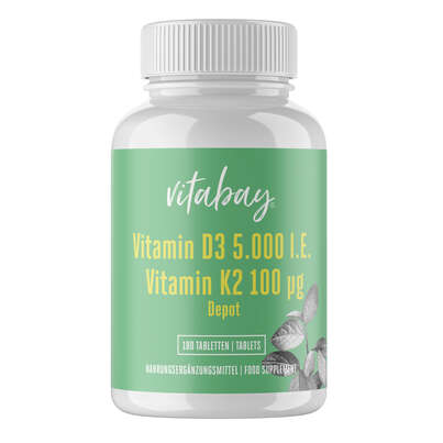 Sie sehen eine Packung Vitabay Vitamin D3 Depot 5.000 I.E. Vitamin K2 100 μg Tabletten, Produktbild: 01 Vitabay Vitamin D3 Depot 5.000 I.E. Vitamin K2 100 μg Tabletten, A-Nr.: 5878262 - 01