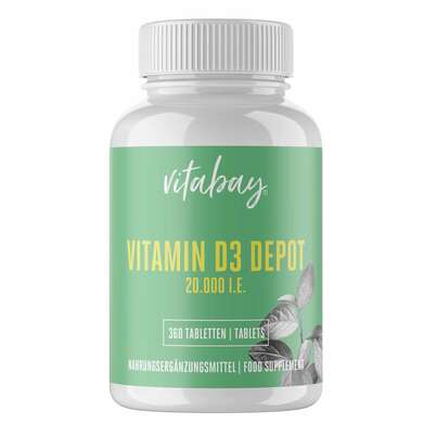Sie sehen eine Packung Vitabay Vitamin D3 Depot 20.000 I.E. Tabletten, Produktbild: 01 Vitabay Vitamin D3 Depot 20.000 I.E. Tabletten, A-Nr.: 5878339 - 01