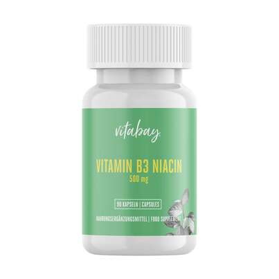 Sie sehen eine Packung Vitabay Vitamin B3 Niacin 500 mg Kapseln, Produktbild: 01 Vitabay Vitamin B3 Niacin 500 mg Kapseln, A-Nr.: 5878807 - 01
