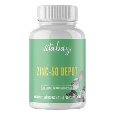 Sie sehen eine Packung Vitabay Zinc-50 Depot Tabletten, Produktbild: 01 Vitabay Zinc-50 Depot Tabletten, A-Nr.: 5878411 - 01