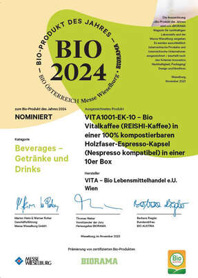 Sie sehen eine Packung VITA1001 - Bio Vitalkaffee (PREMIUM REISHI-Kaffee) | Holzfaser-Kapsel | 10er ÖKO-Box (Nespresso kompatibel), Produktbild: 10 VITA1001 - Bio Vitalkaffee (PREMIUM REISHI-Kaffee) | Holzfaser-Kapsel | 10er ÖKO-Box (Nespresso kompatibel), A-Nr.: 5684109 - 10