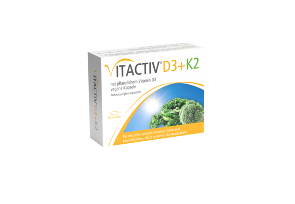 Sie sehen eine Packung VITACTIV® D3+K2 Kapseln, Produktbild: 01 VITACTIV® D3+K2 Kapseln, A-Nr.: 5106772 - 01