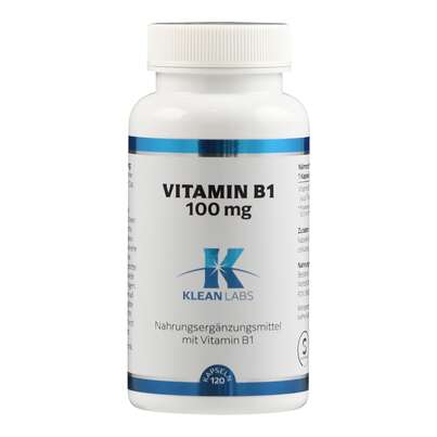 Sie sehen eine Packung Vitamin B1 100 mg Klean Labs Kapseln, Produktbild: 01 Vitamin B1 100 mg Klean Labs Kapseln, A-Nr.: 5787967 - 01