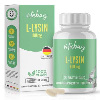 Sie sehen eine Packung Vitabay L-Lysin 800mg Tabletten, Produktbild: 01 Vitabay L-Lysin 800mg Tabletten, A-Nr.: 5878641 - 01
