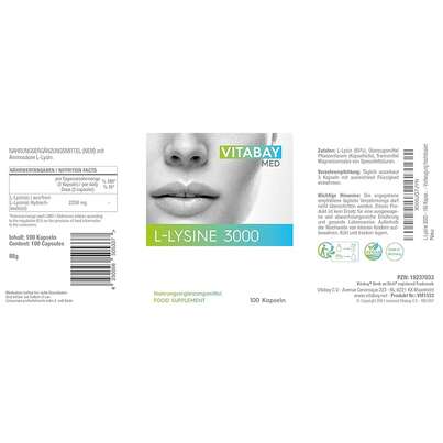 Sie sehen eine Packung Vitabay L-Lysine 3000 Kapseln, Produktbild: 02 Vitabay L-Lysine 3000 Kapseln, A-Nr.: 5878629 - 02