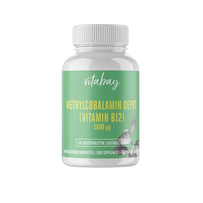 Sie sehen eine Packung Vitabay Vitamin B12 Depot 5000 mcg Lutschtabletten, Produktbild: 01 Vitabay Vitamin B12 Depot 5000 mcg Lutschtabletten, A-Nr.: 5878486 - 01